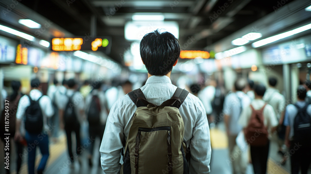 Rearview of the man wearing a backpack, standing on a subway or metro station underground, male adult passenger waiting for train transportation on the railway. crowd of people walking, motion blur. Rearview of the man wearing a backpack, standing on a subway or metro station underground, male adult passenger waiting for train transportation on the railway. crowd of people walking, motion blur.