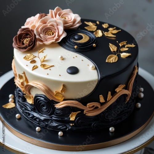 A stunningly decorated cake, possibly for a special occasion, features a yin-yang design. The top half is a delicate, cream-colored backdrop adorned with sculpted buttercream flowers in blush...