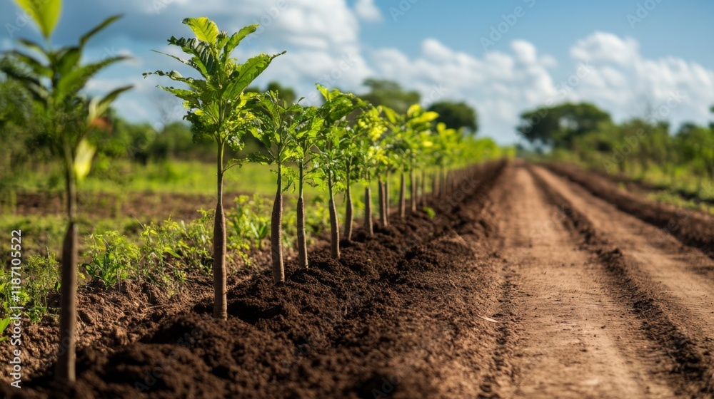 A line of saplings planted along a dirt road, representing reforestation efforts in a rural area. A line of saplings planted along a dirt road, representing reforestation efforts in a rural area.