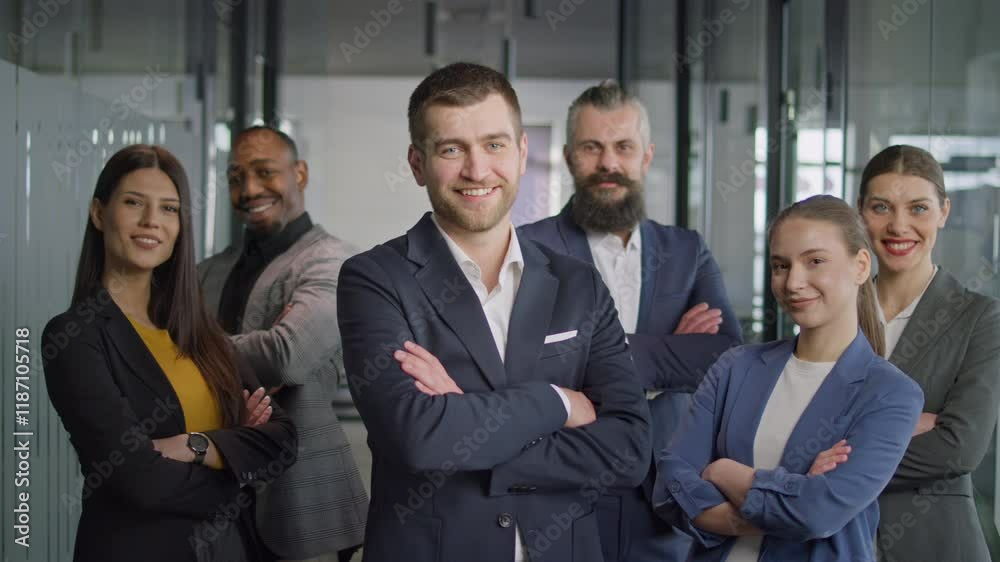 Professional business team in formal attire posing confidently in a modern office environment. Concept of teamwork, leadership, and diversity in corporate settings Professional business team in formal attire posing confidently in a modern office environment. Concept of teamwork, leadership, and diversity in corporate settings