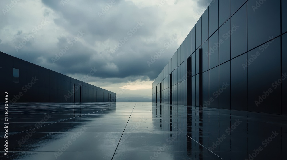 Fototapeta premium Serene Reflection in Urban Landscape Under Dramatic Cloudy Sky at Dusk