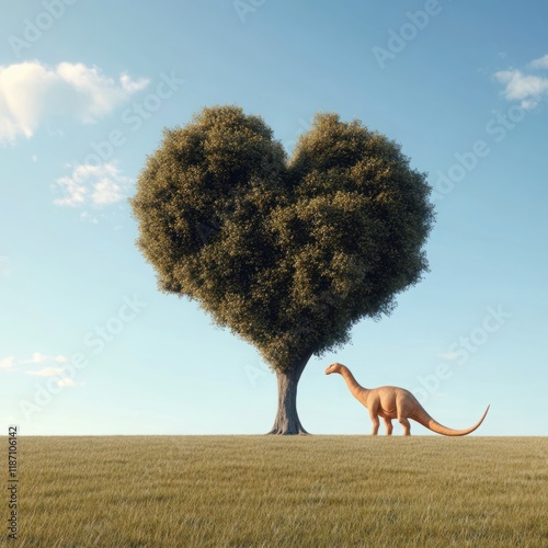 Heart-Shaped Tree Beside a Friendly Dinosaur on a Sunny Landscape with Blue Sky and Gentle Breeze, Perfect for Nature and Adventure Themes photo