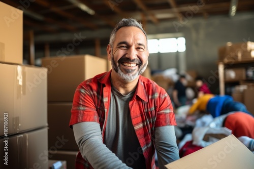 Portrait of a cheerful supervisor packing clothes donations with volunteers in a warehouse photo