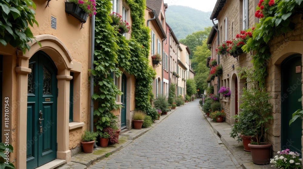 Charming European Street with Flower Boxes and Ivy Charming European Street with Flower Boxes and Ivy