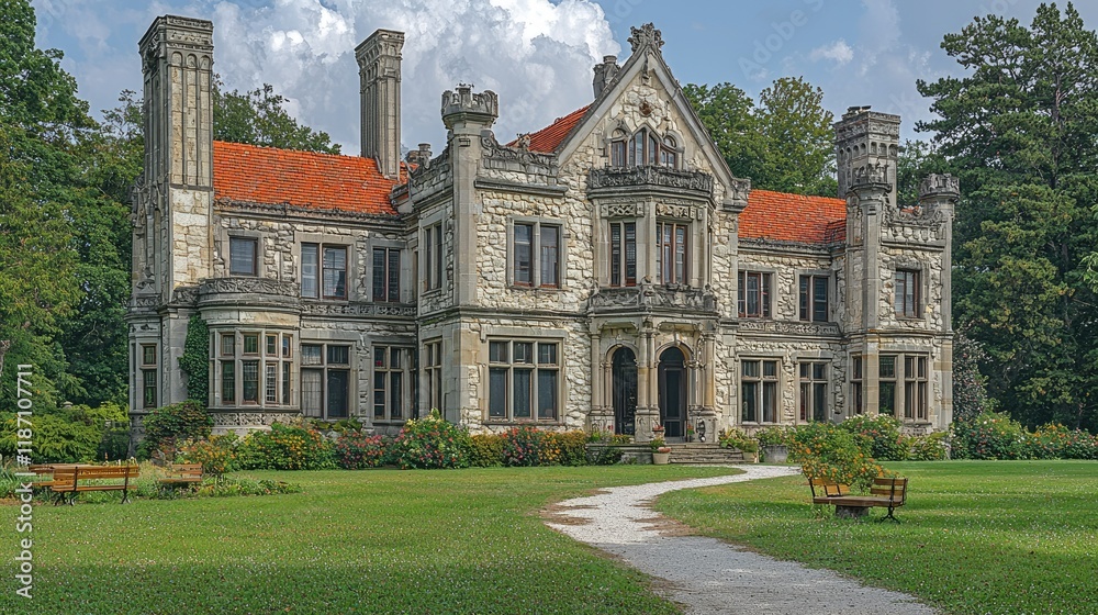 Fototapeta premium Stone Mansion With Red Roof And Lush Green Gardens