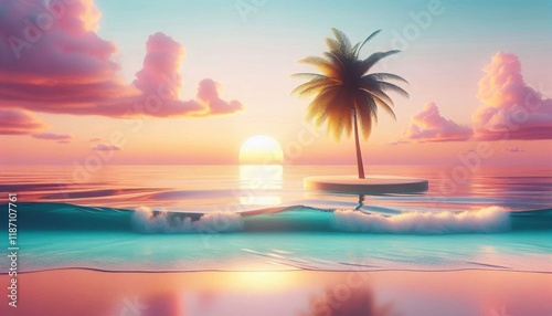 Tropical beach sunset, palm trees silhouette, golden sand, turquoise ocean waves, reflective water surface, vibrant sky colors, dramatic clouds, sun rays, peaceful atmosphere, tranquil seaside, coasta photo