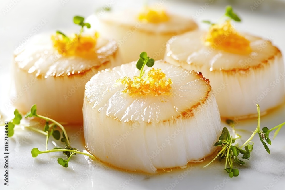 Pan-seared scallops, topped with orange zest and microgreens, elegant presentation. Pan-seared scallops, topped with orange zest and microgreens, elegant presentation.