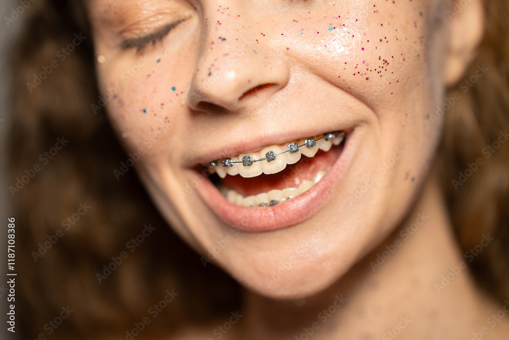 Fototapeta premium Funny young woman covered with glitter, licks metal braces, beauty portrait close-up