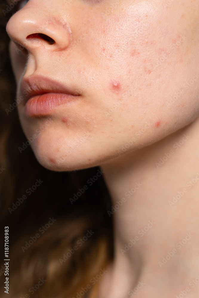 Obraz premium real acne, pimples, black dots close-up, high detail, unrecognizable photo of a woman's face, no make up, no retouch, natural skin, problematic