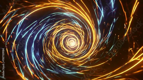 Swirling lights in a vortex pattern. Orange and blue trails lead to a bright center point, creating depth.