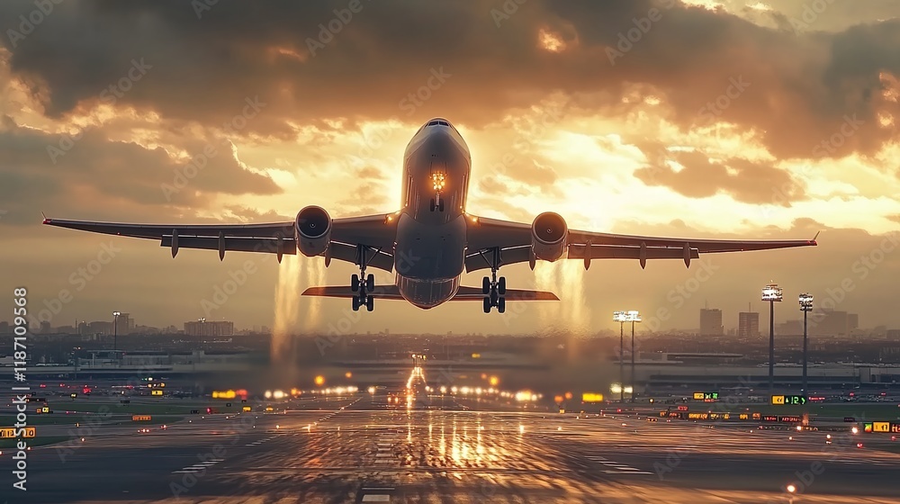 A plane taking off from an airport runway at sunset, creating a dramatic and cinematic scene. A plane taking off from an airport runway at sunset, creating a dramatic and cinematic scene.