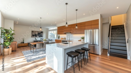 A stylish interior shot of a twin house  focusing on the kitchen with sleek countertops  high-end appliances  and an open layout.