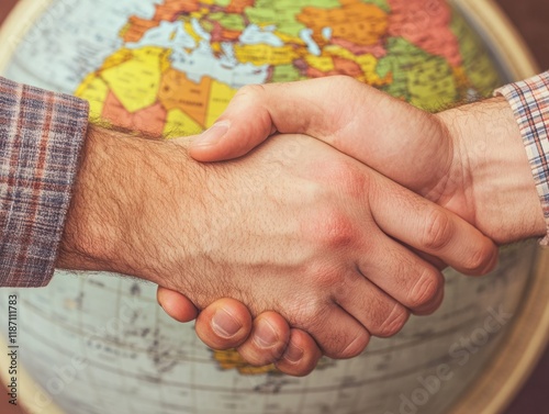 Close-up of a Handshake Between Two Individuals Against a Globe Background Symbolizing Global Cooperation and Partnership in a Diverse World photo