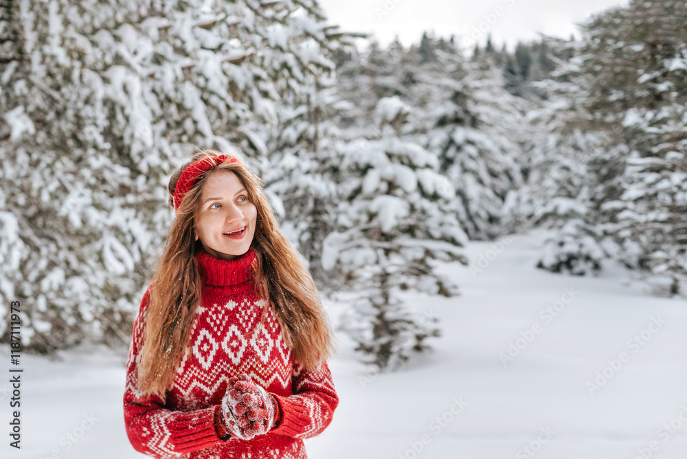 Happy Woman in Snow Covered Winter Forest