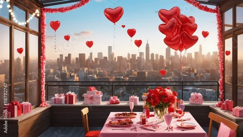 Valentine's Day celebration dining table atmosphere with daytime city view. smooth looping 4k video