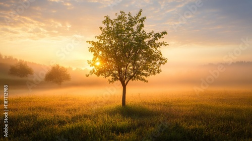 Wallpaper Mural A young tree growing in an open field, with golden rays of sunrise shining through the morning mist. Torontodigital.ca