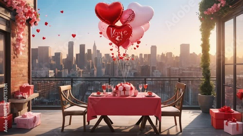 Valentine's Day celebration dining table atmosphere with daytime city view. smooth looping 4k video
