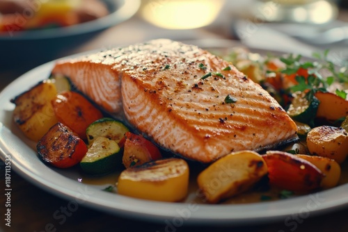 Grilled salmon fillet served with roasted vegetables like zucchini, bell peppers, and carrots.