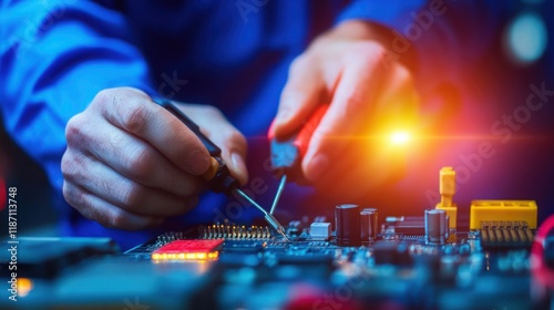 Close-Up of an Engineer's Hands Working with a Soldering Iron on a Circuit Board in a Modern Electronics Laboratory Environment photo