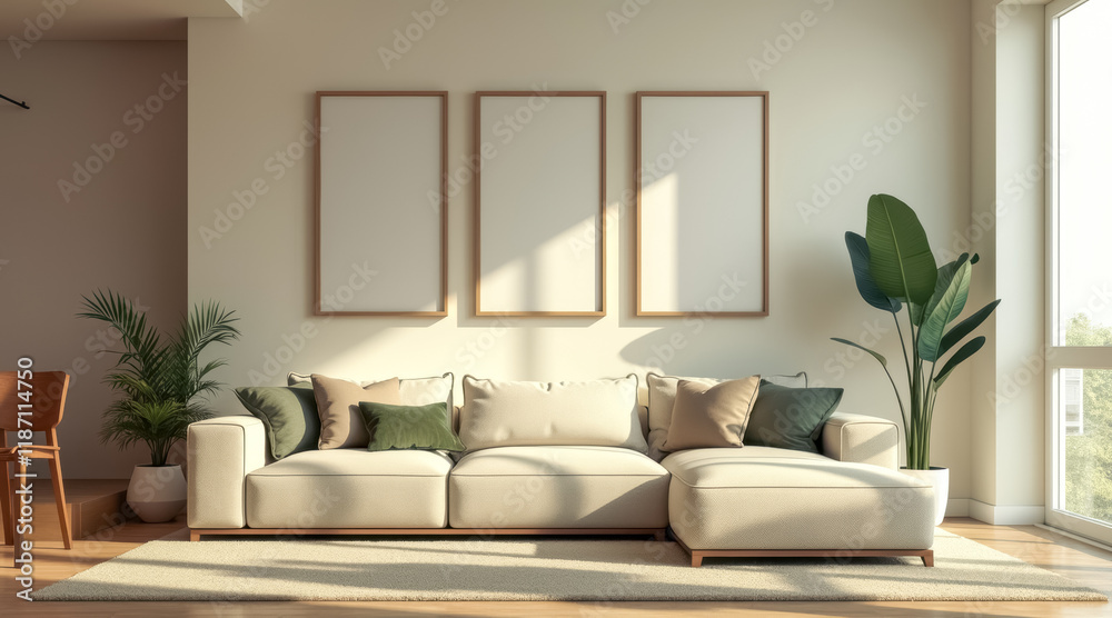 Fototapeta premium sunlit living room with beige sectional sofa green accents