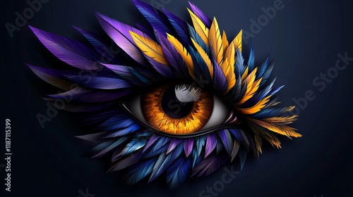 A mesmerizing digital art piece featuring an eye adorned with vibrant, multicolored feathers. The intense gaze and rich color palette create a captivating visual experience.
