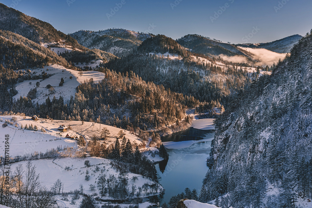 Rural Winter Landscape of Zaovine Lake in Serbia