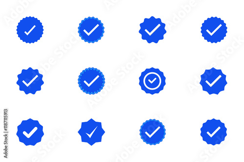 Blue badge tick mark check list icon set