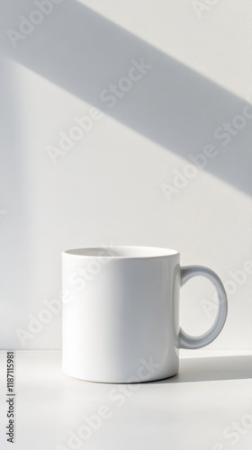 White porcelain mug standing on a white table with window light creating shadows on the background  perfect for showcasing your design or adding a touch of elegance to your project