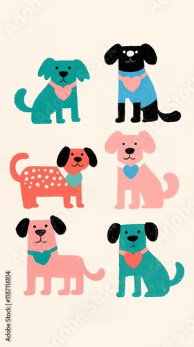 A colorful illustration featuring six playful, cartoon-style dogs with various colors and patterns, each wearing a blue collar.