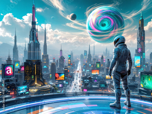 An astronaut stands on a futuristic city overlooking a bright, moonlike sphere in this image from an asset library. photo