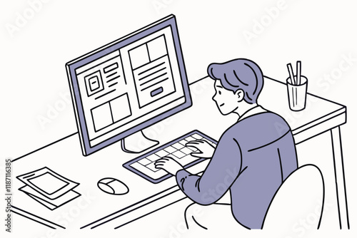 A universal designer working on a computer  on a white background