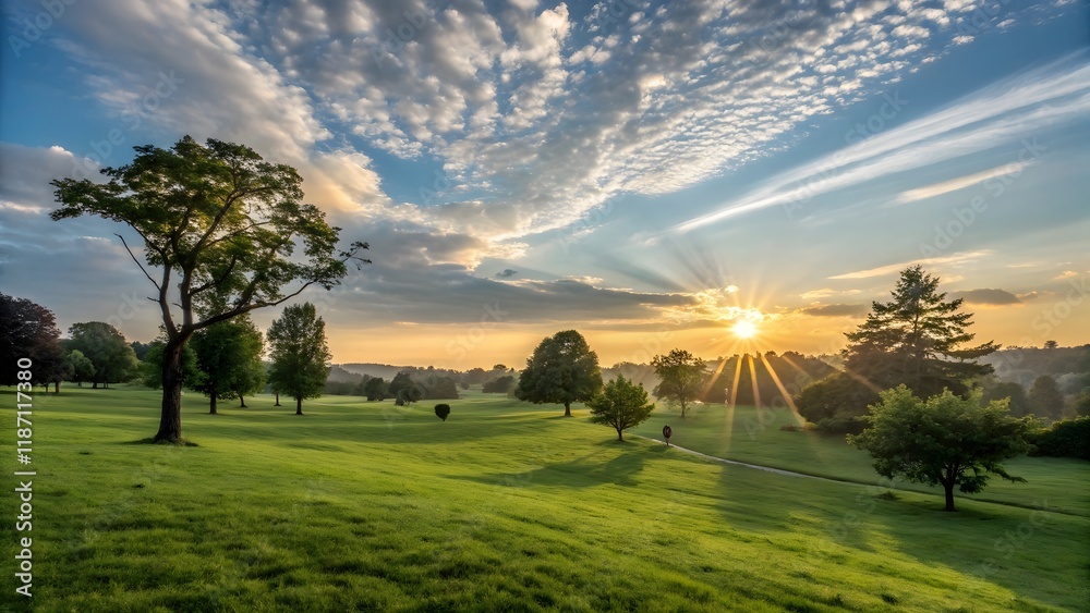 Fototapeta premium Serene Park at Golden Hour with Lush Fields and Radiant Sunlight V2