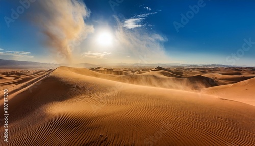 billowing sand clouds throughout a considerable sandy panorama generative ai