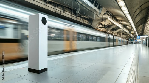 Modern train station platform with a blank advertising pillar and a high-speed train passing by. photo