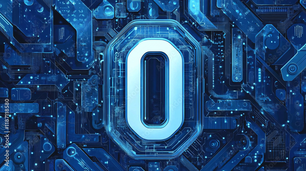 Fototapeta premium A glowing futuristic number zero embedded in a blue digital circuit board with intricate technological patterns and neon lighting effects 