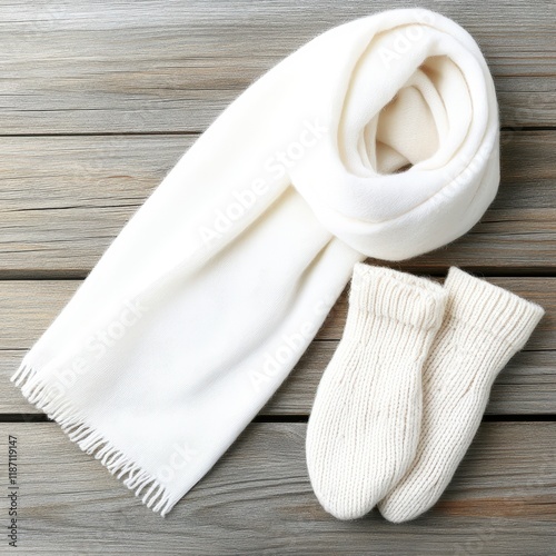 Cozy white scarf and socks neatly arranged on a rustic wooden surface, perfect for winter-themed advertising, fashion blogs, or cozy home decor projects, This image conveys warmth and comfort, photo