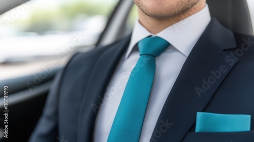 Wallpaper Mural Professional Man in Suit with Turquoise Tie and Pocket Square Sitting Inside Modern Vehicle, Embodying Confidence and Success in Urban Environment Torontodigital.ca