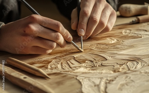 A woodworker uses a special tool to carve a pattern in a piece of wood, close-up shot of the hands and detailed work. photo