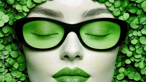 Closeup of greenthemed portrait with lush foliage and fashionable glasses photo