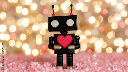 Charming Toy Robot with Heart Displaying Love Against a Beautiful Bokeh Background, Perfect for Illustrating Concepts of Affection and Technology in a Playful Way photo