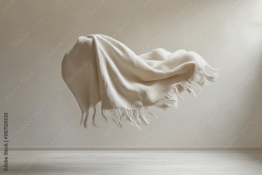 A beautifully draped beige blanket floats gracefully, capturing the essence of soft textures and serene ambiance in a minimalist interior setting filled with light. A beautifully draped beige blanket floats gracefully, capturing the essence of soft textures and serene ambiance in a minimalist interior setting filled with light.