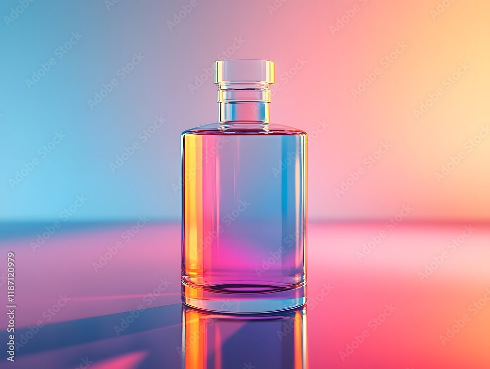 Transparent Gradient Tinted Cylindrical Glass Bottle on Reflective Surface with Dynamic Lighting Transparent Gradient Tinted Cylindrical Glass Bottle on Reflective Surface with Dynamic Lighting