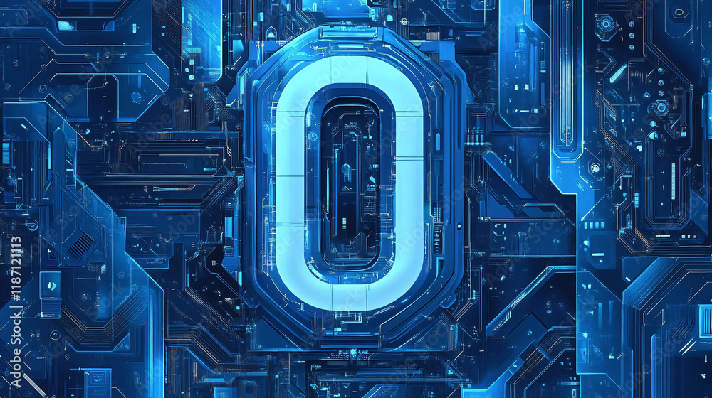 Fototapeta premium A glowing blue number zero surrounded by intricate circuit board patterns creating a futuristic and technological design 