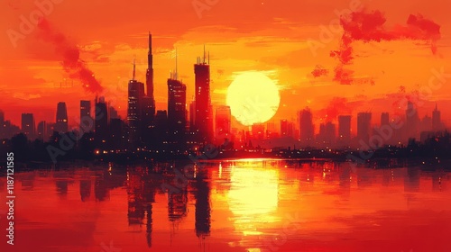 Vibrant Sunset Over City Skyline with Stunning Reflection on Water, Illuminating Buildings and Creating a Dreamy Atmosphere in an Urban Landscape