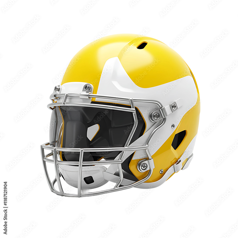 Fototapeta premium Detailed Football Helmet in Yellow and White with High-Contrast Design and Protective Facemask On Transparent Background