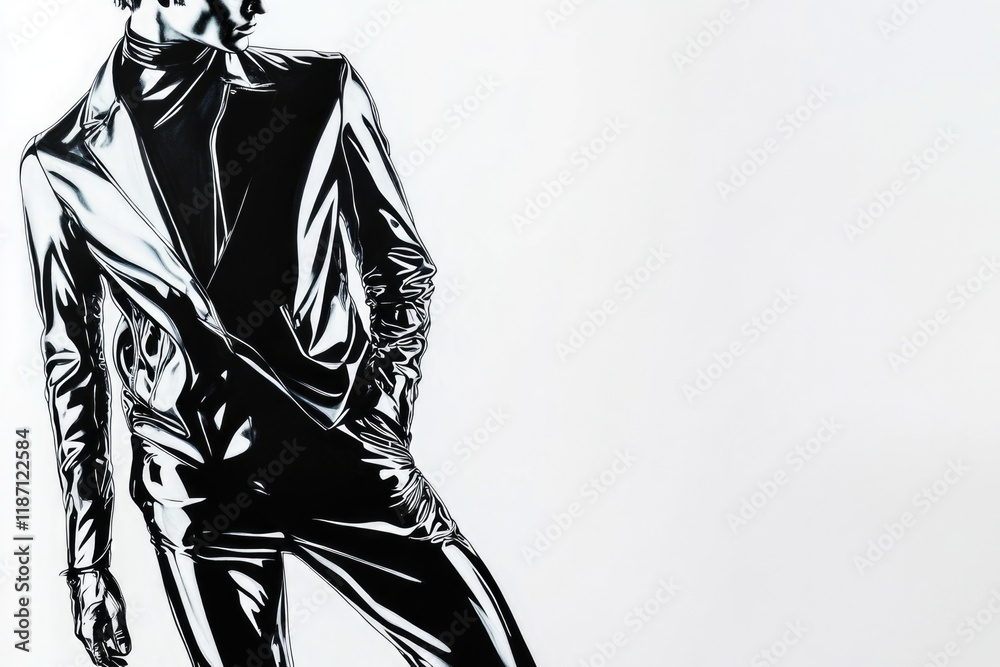 A dynamic figure displayed in striking high-contrast attire, emphasizing the fusion of style and art through fashion, creating a visually captivating imagery. A dynamic figure displayed in striking high-contrast attire, emphasizing the fusion of style and art through fashion, creating a visually captivating imagery.