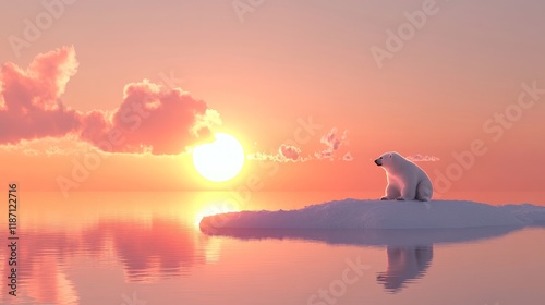 Solitary polar bear on diminishing ice floe at sunset   symbolic representation of climate change photo
