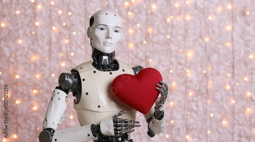 Humanoid Robot Holding Red Heart Gesture of Love Against a Blurred Background with Soft Lights, Symbolizing Connections Between Humanity and Technology photo