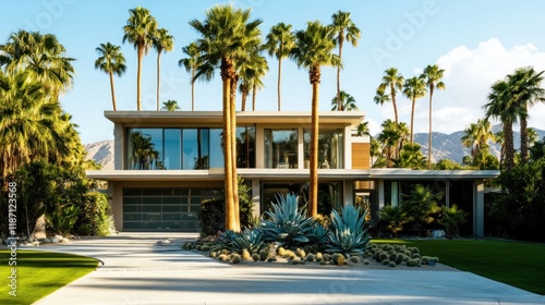 Modern desert house with palm trees and landscaping. photo