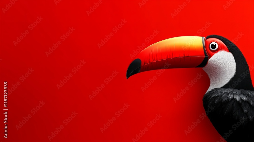 Naklejka premium Vibrant toucan profile against a bold red background. A striking image full of color and life.